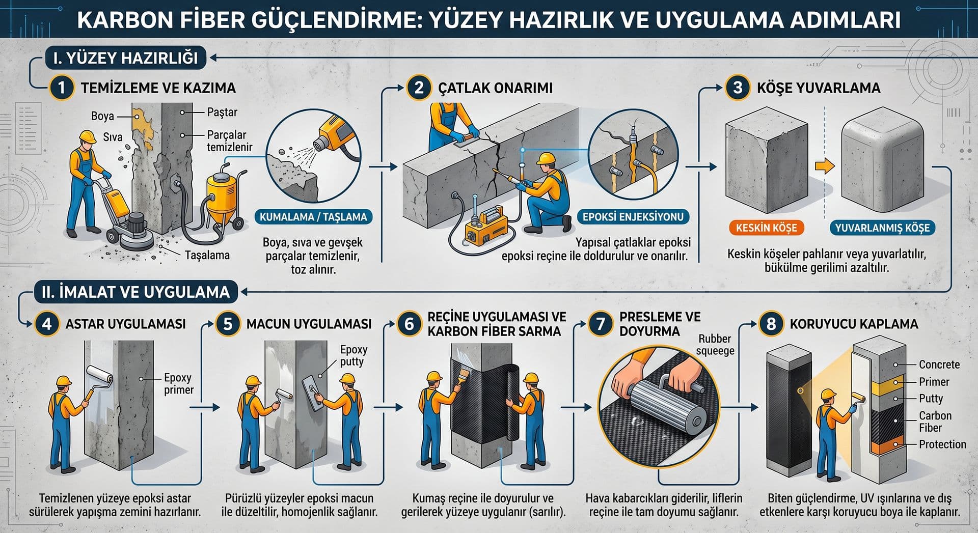 Karbon fiber güçlendirme uygulama adımları şeması